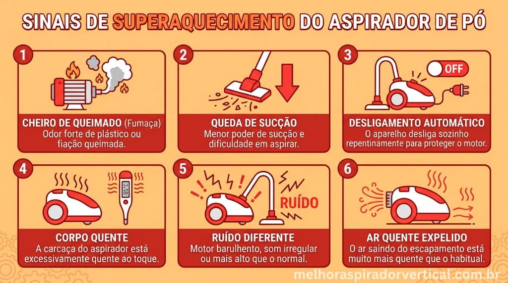Infográfico com seis sinais de superaquecimento de aspirador de pó