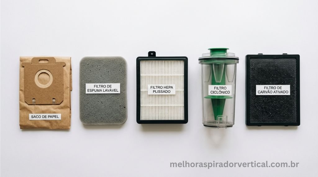 Flat lay comparativo com cinco tipos diferentes de filtros de aspirador de pó identificados