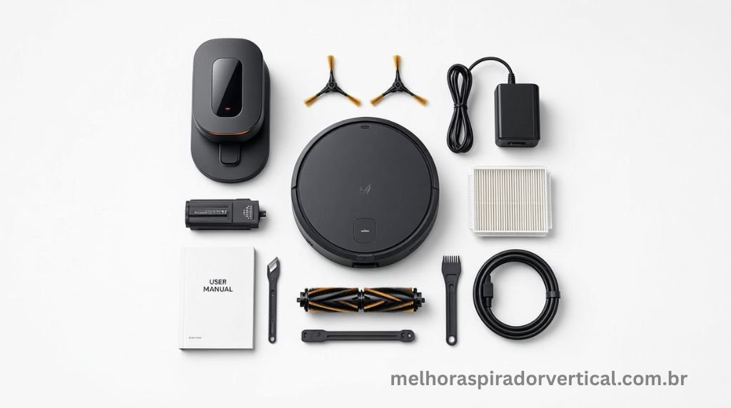 Flat lay com todos os itens incluídos na caixa de um aspirador robô: robô, base, acessórios e manual