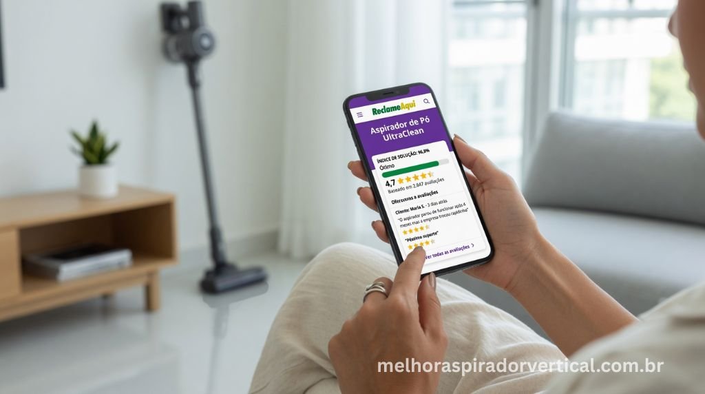 Pessoa verificando reputação de marca de aspirador no Reclame Aqui pelo smartphone