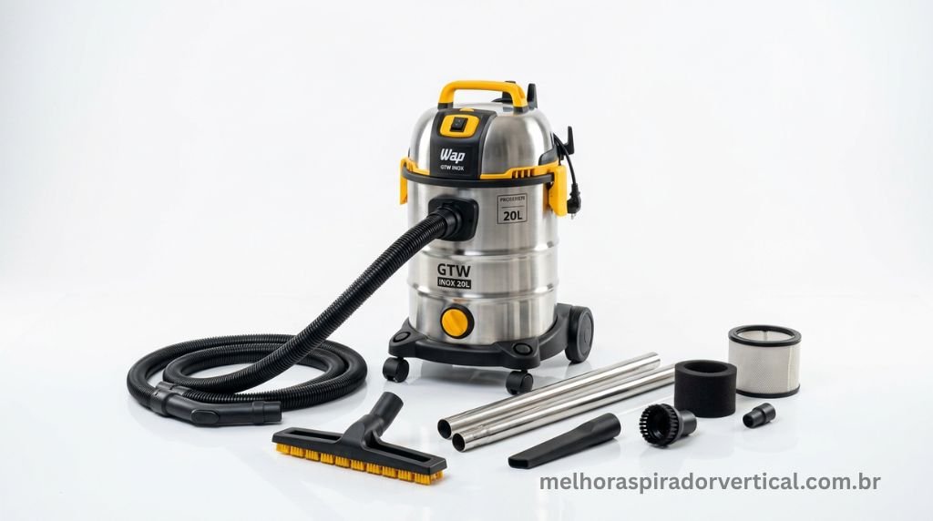 Aspirador WAP GTW Inox com todos os acessórios incluídos dispostos ao redor em fundo branco
