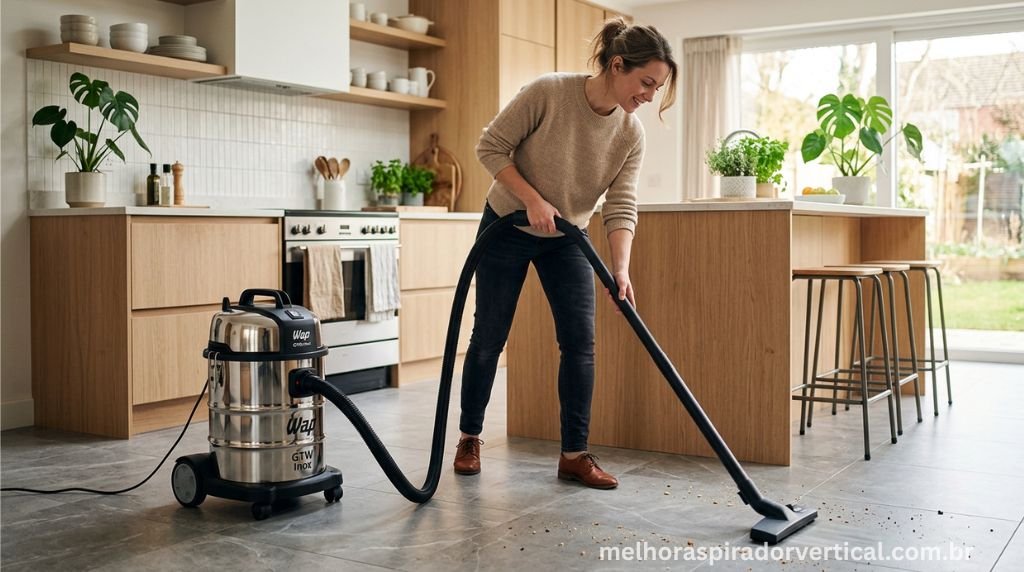 Pessoa usando Aspirador WAP GTW Inox em cozinha moderna com piso de porcelanato