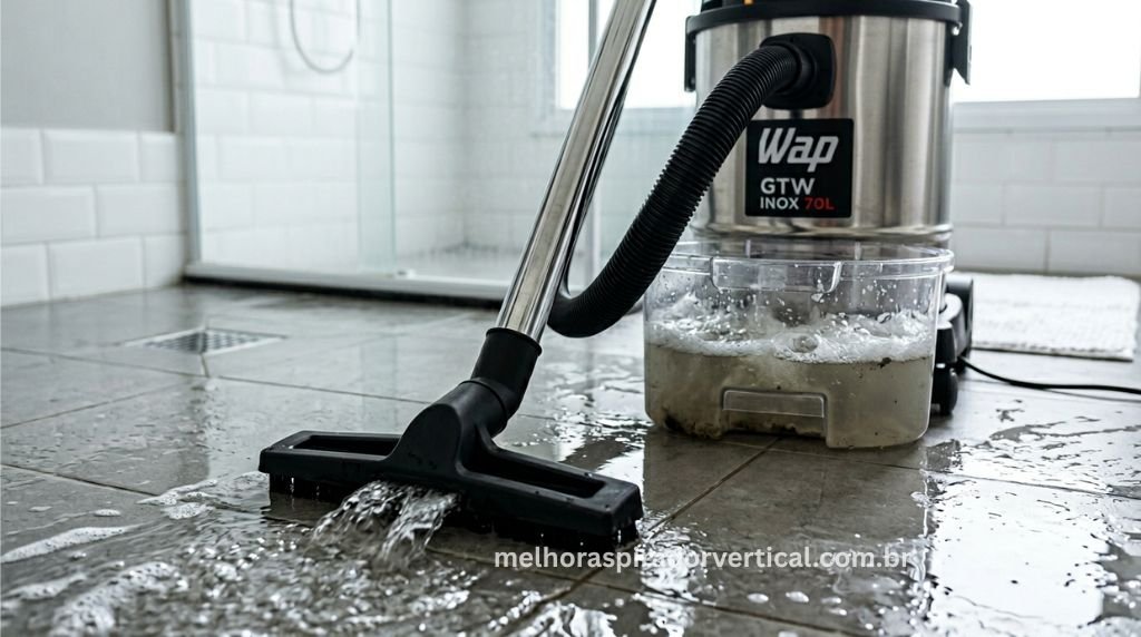 Aspirador WAP GTW Inox sugando água de piso de banheiro com bocal específico para líquidos