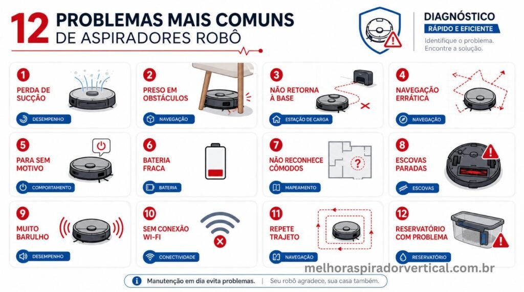 Infográfico com os 12 problemas mais comuns de aspiradores robô organizados em grade com ícones ilustrativos para cada falha