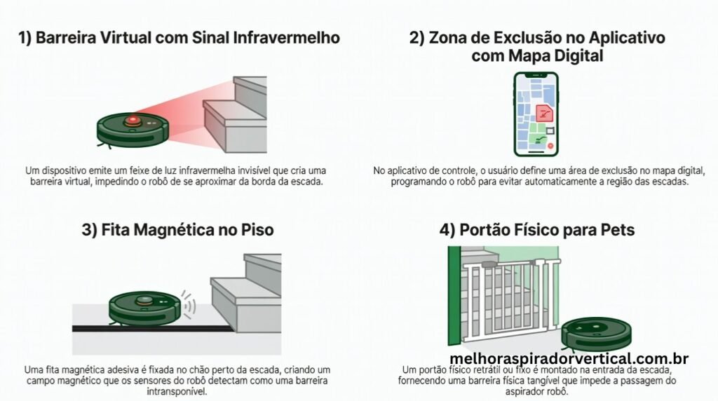 Infográfico mostrando quatro soluções para proteger escadas de aspiradores robô incluindo barreira virtual zona de exclusão fita magnética e portão físico