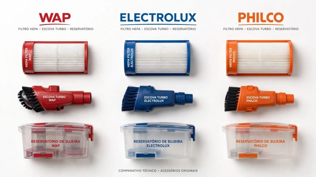 Flat lay comparativo mostrando componentes e acessórios de WAP, Electrolux e Philco organizados por marca em fundo branco