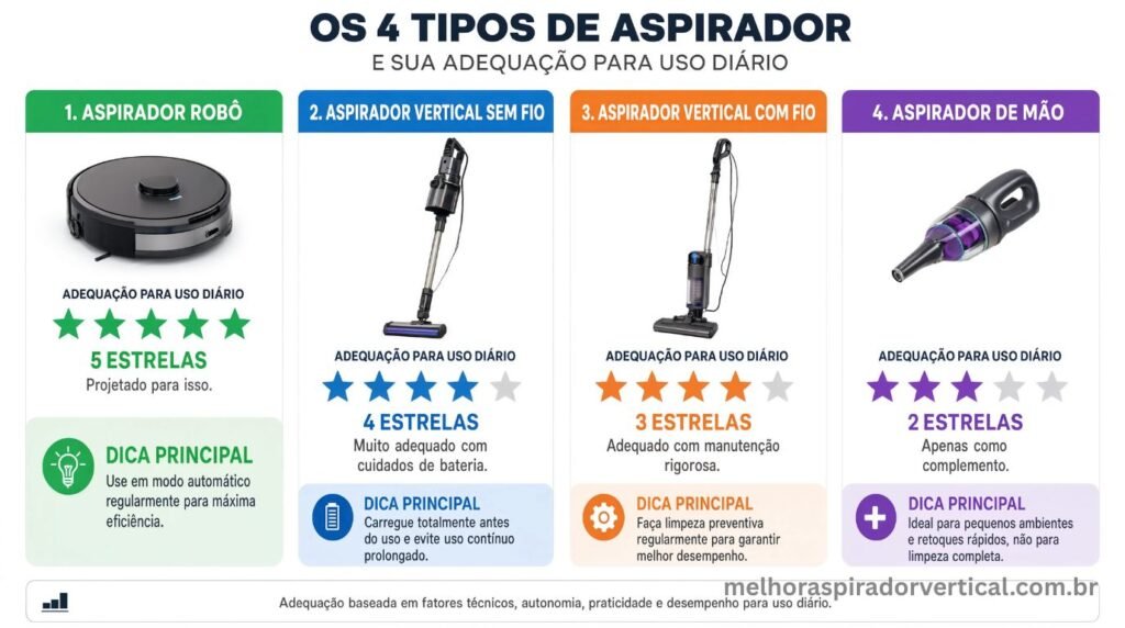  Infográfico mostrando adequação para uso diário dos quatro tipos de aspirador em estrelas robô cinco estrelas vertical sem fio quatro estrelas com fio três estrelas mão duas estrelas