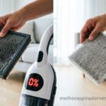 Filtro molhado de aspirador ao lado de aparelho com sucção zerada em vermelho versus filtro seco sendo reinstalado com sucção forte em verde