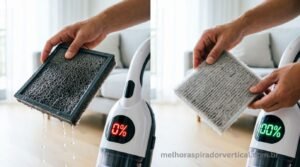 Filtro molhado de aspirador ao lado de aparelho com sucção zerada em vermelho versus filtro seco sendo reinstalado com sucção forte em verde