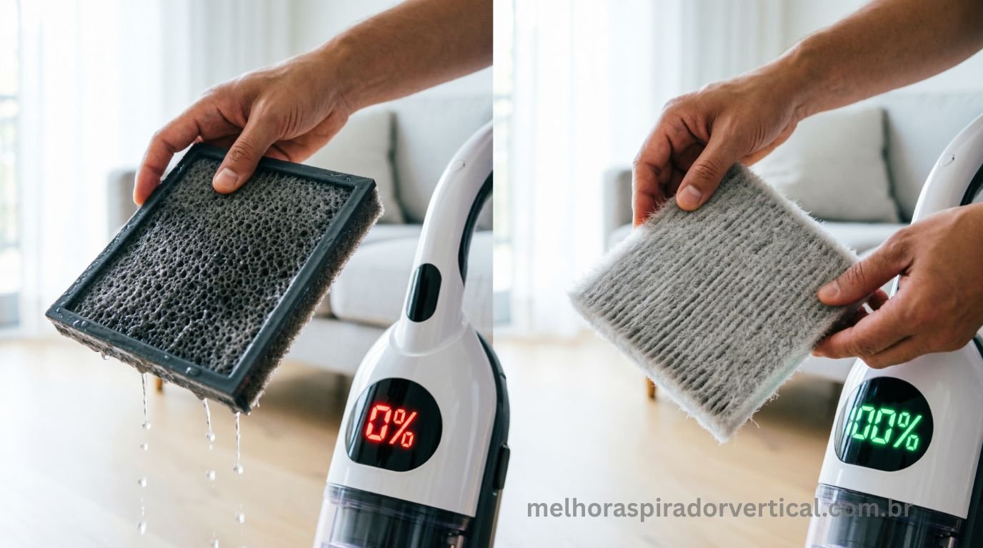 Filtro molhado de aspirador ao lado de aparelho com sucção zerada em vermelho versus filtro seco sendo reinstalado com sucção forte em verde