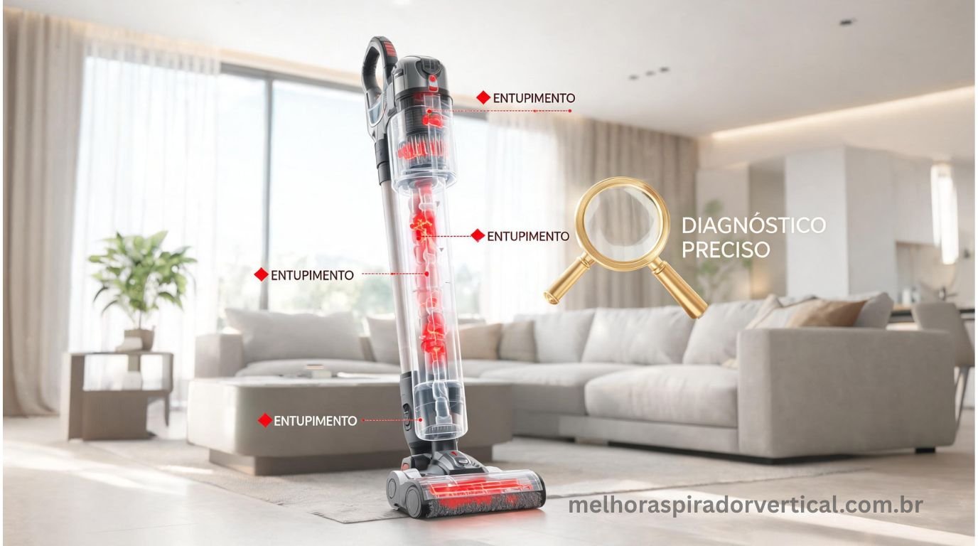 Aspirador de pó vertical com raios X ilustrados revelando pontos de entupimento em vermelho no filtro mangueira tubo e escova com lupa dourada representando diagnóstico