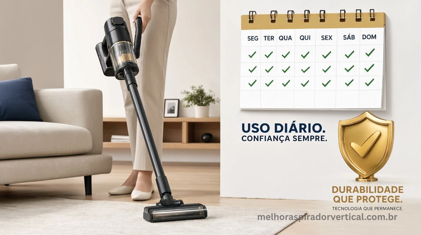 Aspirador de pó vertical em uso com calendário ao fundo com todos os dias marcados em verde e ícone de escudo dourado representando durabilidade