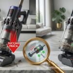 Dois aspiradores de pó lado a lado com indicadores visuais de sucção fraca em vermelho e sucção forte em verde com lupa dourada representando diagnóstico