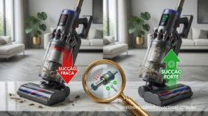 Dois aspiradores de pó lado a lado com indicadores visuais de sucção fraca em vermelho e sucção forte em verde com lupa dourada representando diagnóstico