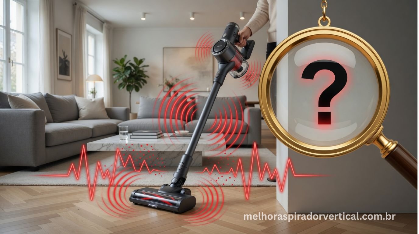 Aspirador de pó vertical com ondas de vibração ilustradas em vermelho ao redor e lupa dourada com ponto de interrogação representando diagnóstico de vibração excessiva