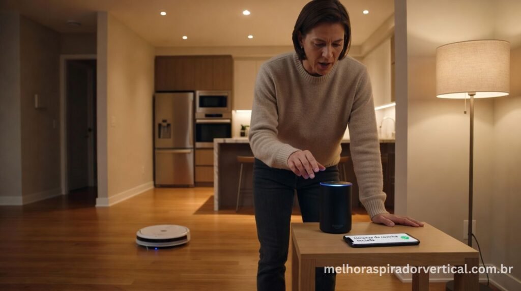 Pessoa dando comando de voz para Amazon Echo para acionar aspirador robô com notificação no smartphone confirmando início da limpeza