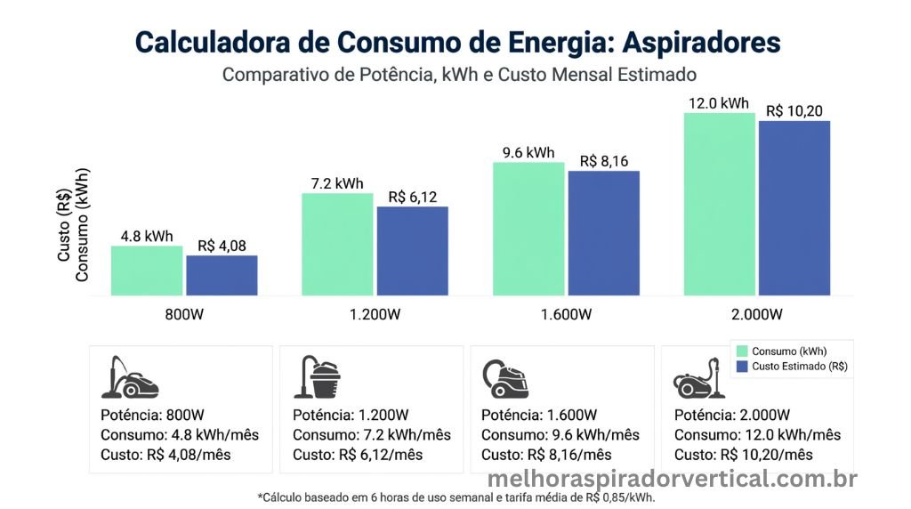 Infográfico calculadora mostrando consumo de energia e custo mensal de aspiradores com diferentes potências