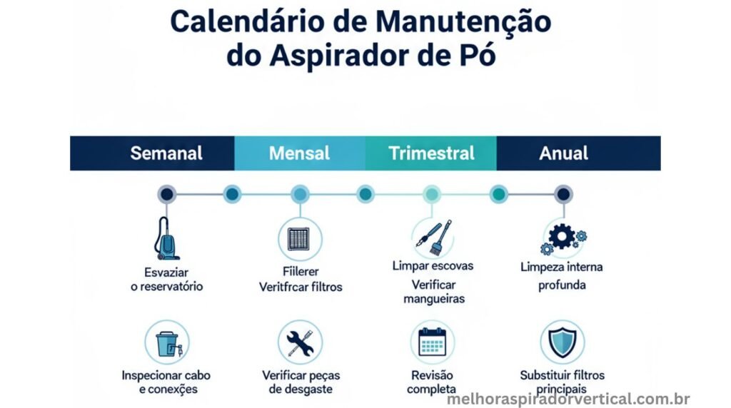 Calendário de manutenção preventiva do aspirador com tarefas semanais, mensais, trimestrais e anuais