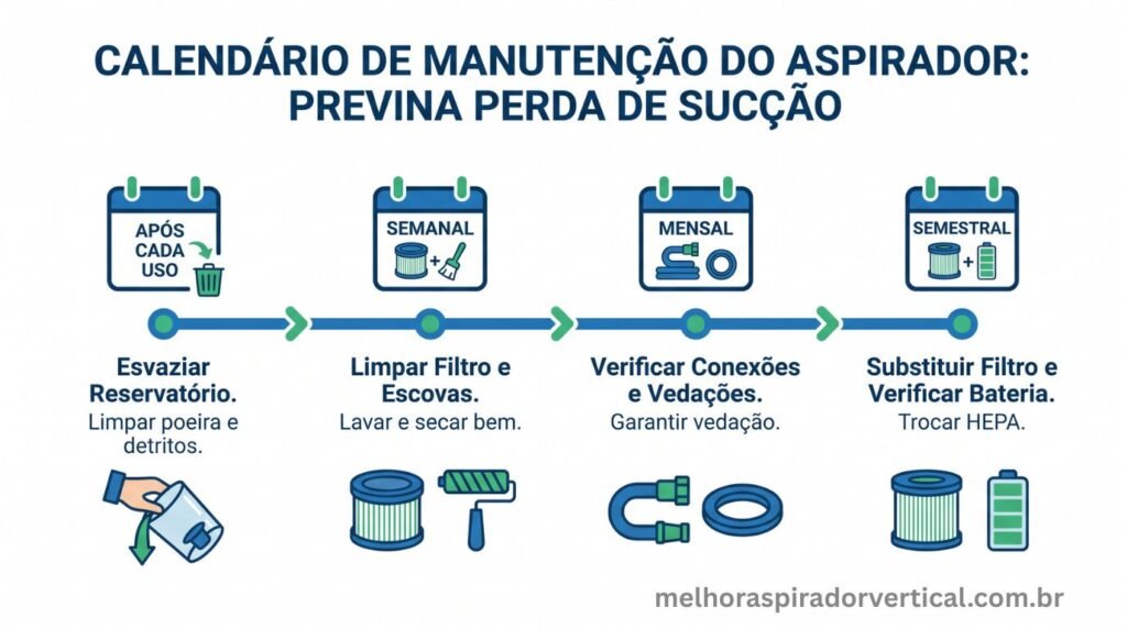 Infográfico calendário de manutenção do aspirador para prevenir perda de sucção com quatro frequências após cada uso semanal mensal e semestral