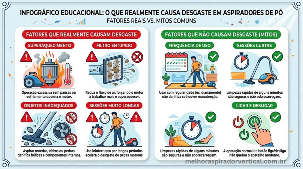 Infográfico mostrando o que realmente causa desgaste em aspiradores com alertas vermelhos para fatores prejudiciais e checkmarks verdes para mitos desmistificados