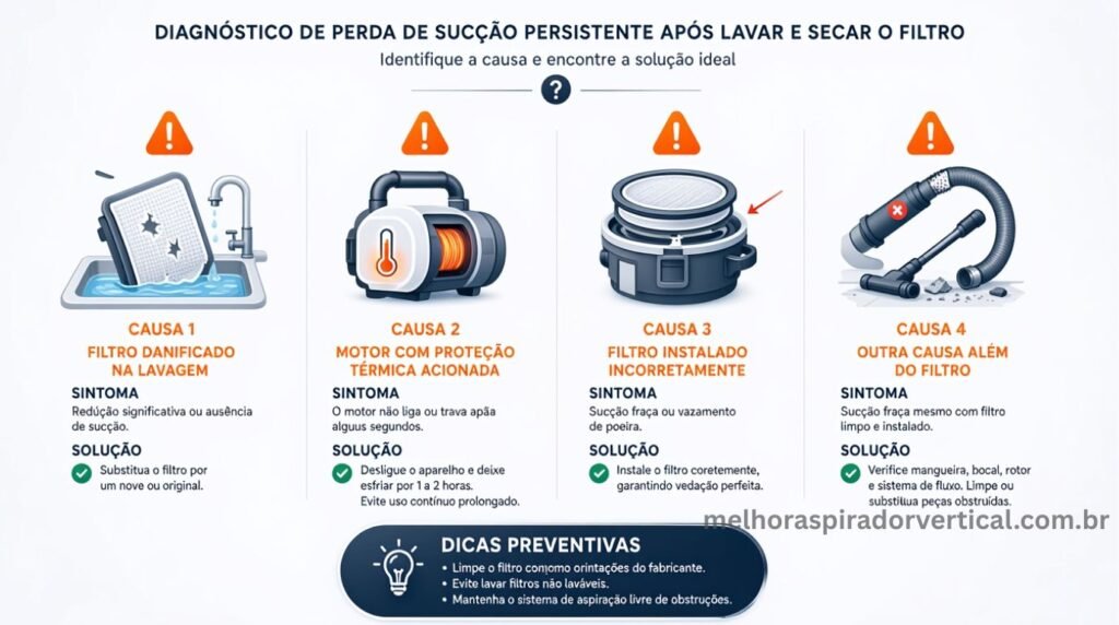Infográfico diagnóstico mostrando quatro causas de perda de sucção persistente após filtro seco com sintomas e soluções para cada uma