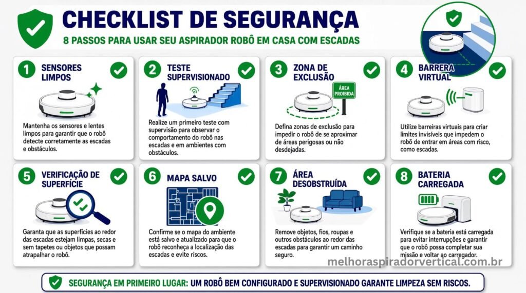 Infográfico checklist com oito itens de verificação de segurança antes de usar aspirador robô em casa com escadas