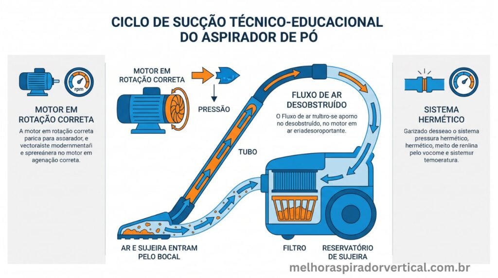 Infográfico técnico mostrando o ciclo de sucção de um aspirador de pó com motor fluxo de ar bocal filtro e reservatório e os três requisitos para funcionamento correto