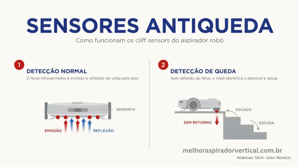 Infográfico técnico mostrando o funcionamento dos sensores antiqueda infravermelhos de um aspirador robô na beira de uma escada
