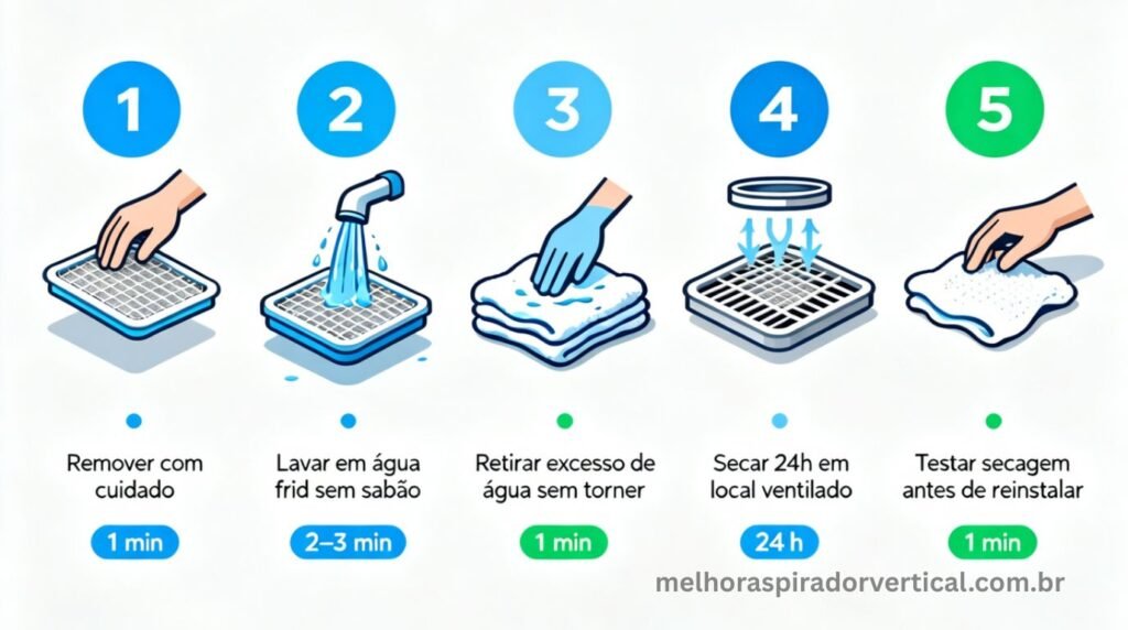 Infográfico tutorial mostrando o processo correto de lavagem do filtro de aspirador em cinco etapas com ícones e tempo recomendado para cada uma