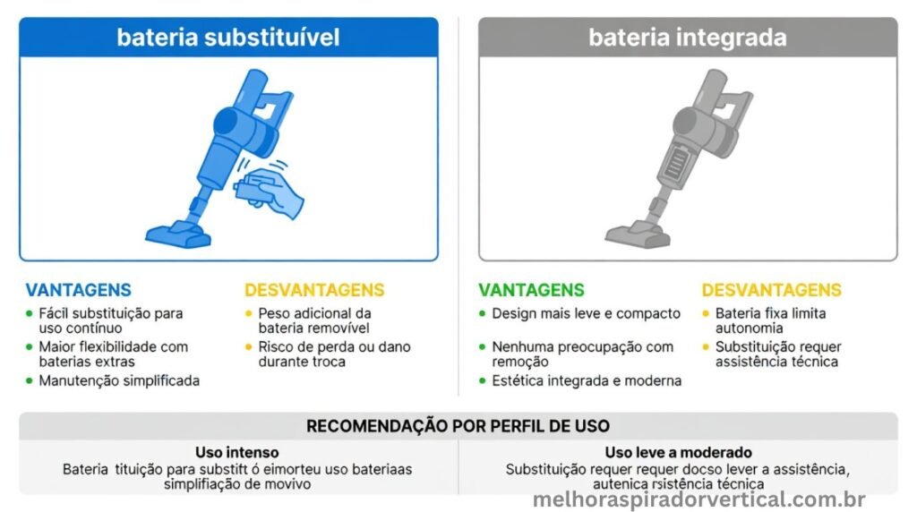 Infográfico comparativo entre aspiradores verticais com bateria substituível e bateria integrada com vantagens desvantagens e recomendação por perfil de uso
