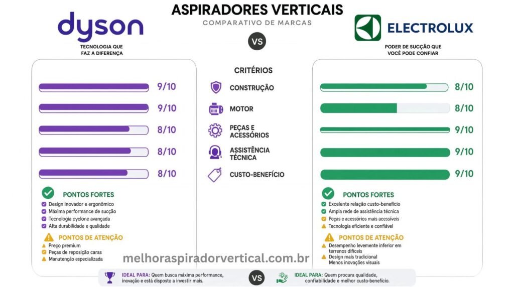 Infográfico comparativo lado a lado de Dyson e Electrolux como marcas de aspiradores verticais com pontuação em cinco critérios pontos fortes e pontos de atenção