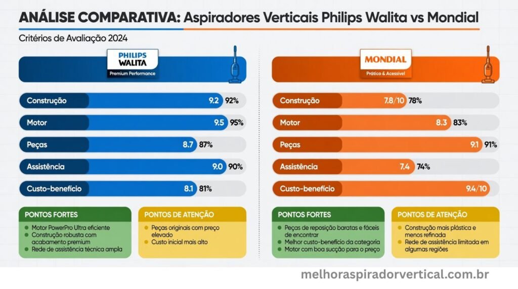 Infográfico comparativo lado a lado de Philips Walita e Mondial como marcas de aspiradores verticais com pontuação em cinco critérios pontos fortes e pontos de atenção