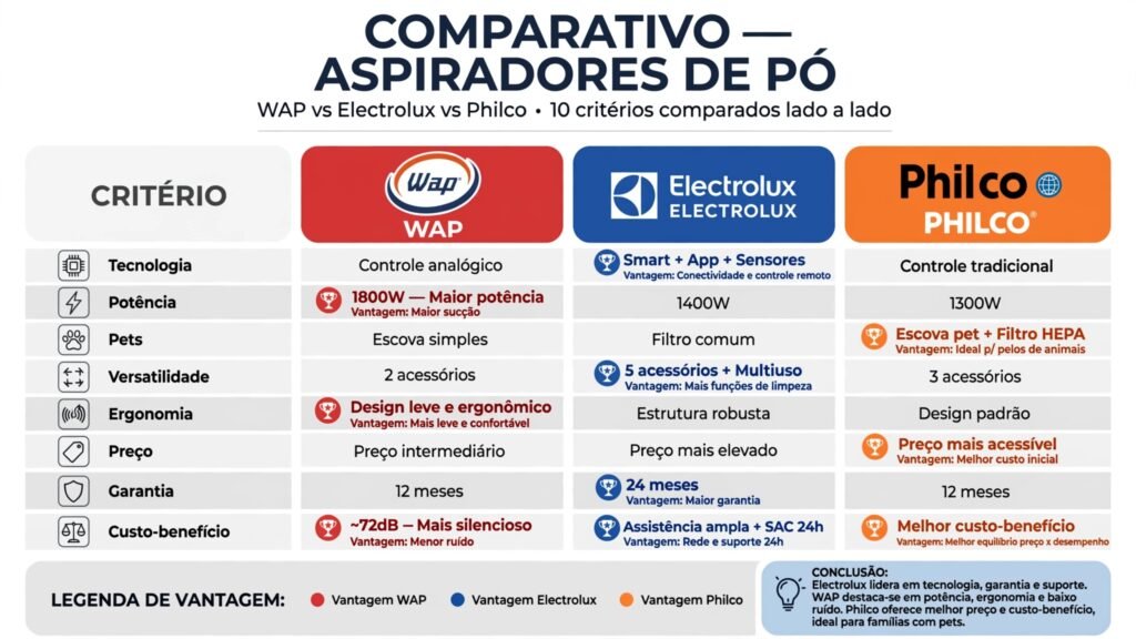 Infográfico comparativo entre WAP, Electrolux e Philco em dez critérios principais com indicação de vantagem em cada um