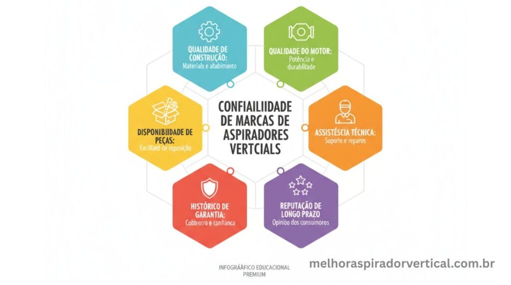 Infográfico com seis hexágonos coloridos representando os critérios de confiabilidade de marcas de aspiradores verticais qualidade construção motor peças assistência garantia e reputação
