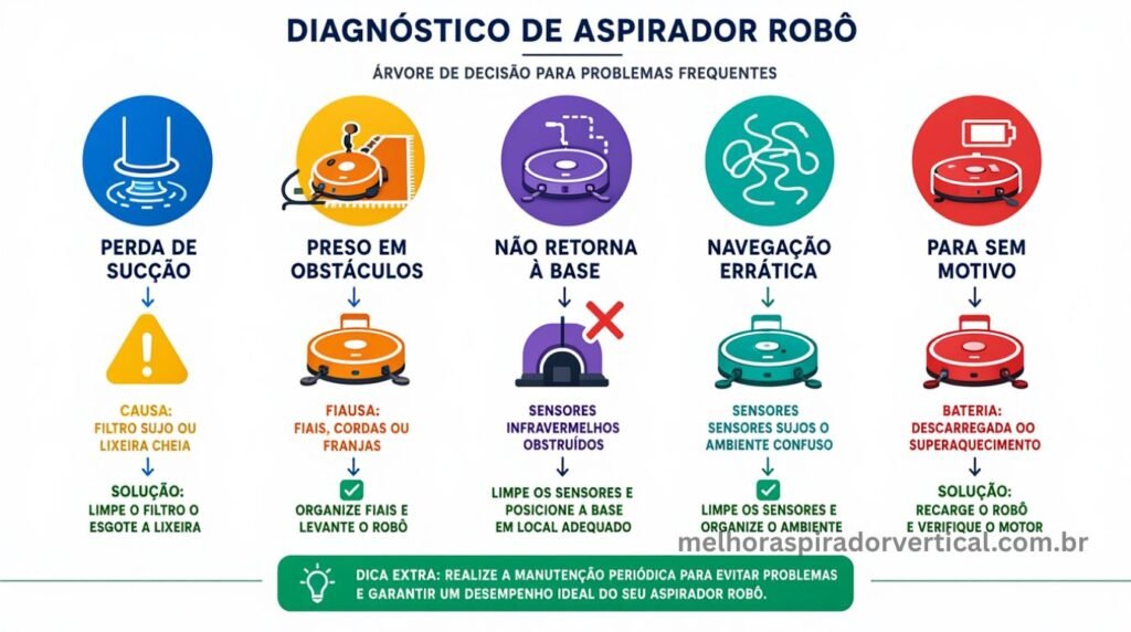 Infográfico diagnóstico com árvore de decisão para cinco problemas comuns de aspirador robô desde o sintoma até a solução