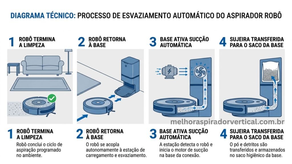 Diagrama técnico mostrando as quatro etapas do processo de esvaziamento automático de um aspirador robô