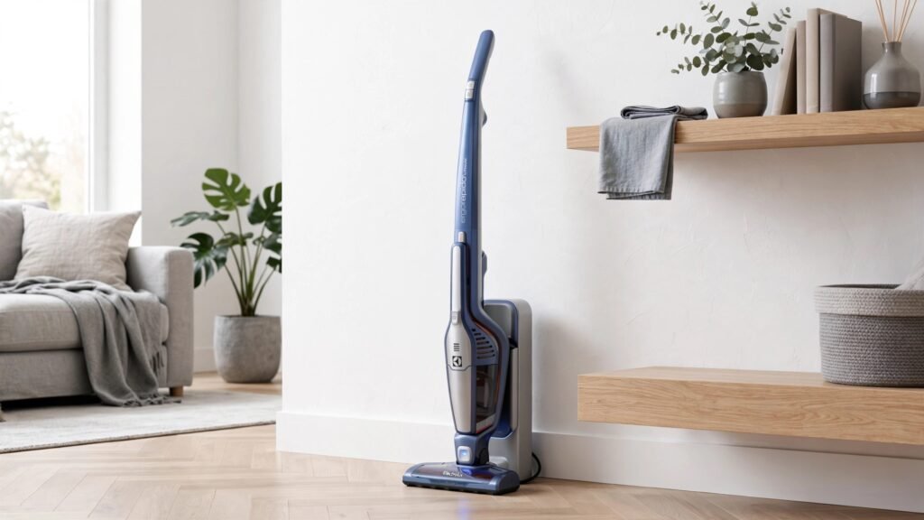 Aspirador Electrolux Ergorapido em destaque na base de carregamento em ambiente doméstico moderno e clean