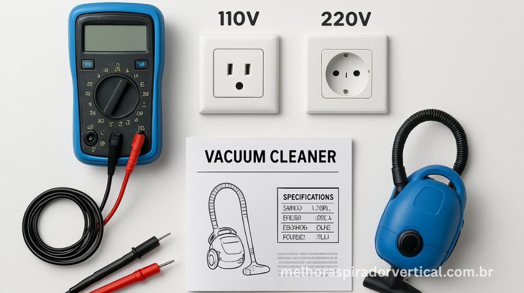 Flat lay com elementos técnicos de aspirador: voltímetro, tomadas, manual e etiqueta de especificações