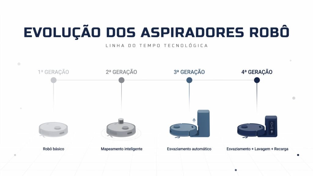 Infográfico mostrando a evolução dos aspiradores robô em quatro gerações tecnológicas