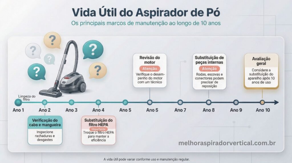 Faq linha do tempo mostrando durabilidade esperada de aspirador de pó de 5 a 10 anos com manutenção adequada