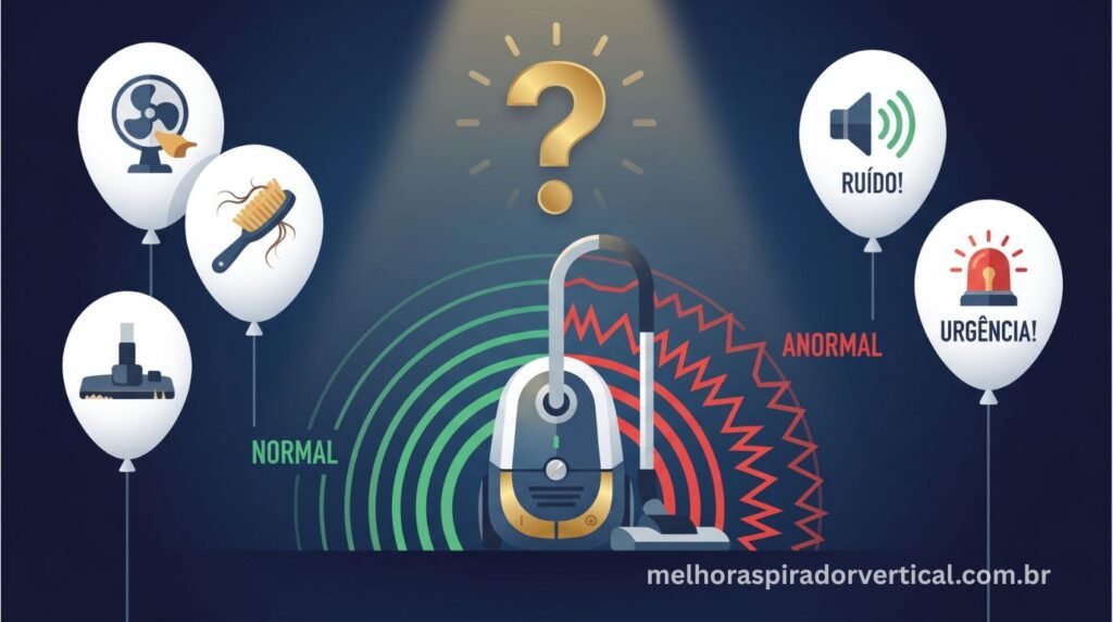 Seção de perguntas frequentes sobre aspirador de pó vibrando muito com ondas de vibração verdes e vermelhas e ícones de causas ao redor