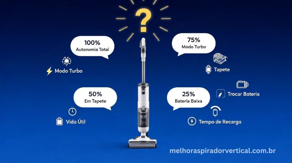 Seção de perguntas frequentes sobre bateria de aspiradores verticais sem fio com indicadores de bateria em diferentes níveis e ícones das principais dúvidas ao redor