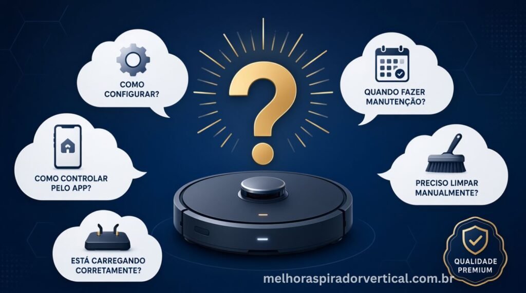 Seção de perguntas frequentes sobre como otimizar o desempenho do aspirador robô com ícones de configuração manutenção e aplicativo