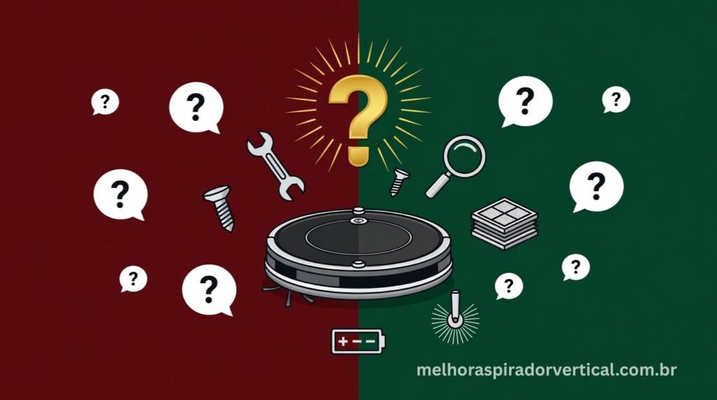 Seção de perguntas frequentes sobre problemas comuns em aspiradores robô com ícones de ferramentas diagnóstico e solução ao redor do robô