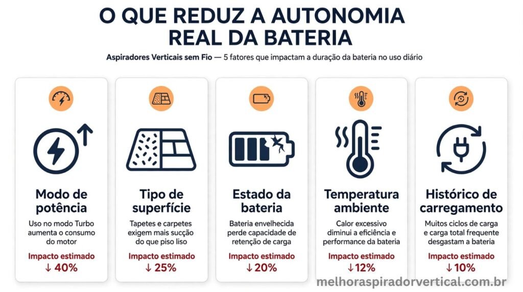 Infográfico mostrando cinco fatores que reduzem a autonomia real de bateria em aspiradores verticais sem fio com percentual de impacto estimado para cada fator