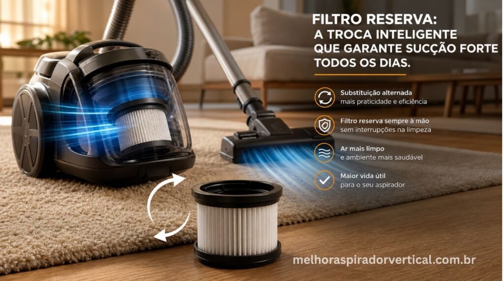Dois filtros de aspirador lado a lado um instalado em uso e outro como reserva com ícone de seta circular representando ciclo de substituição alternada