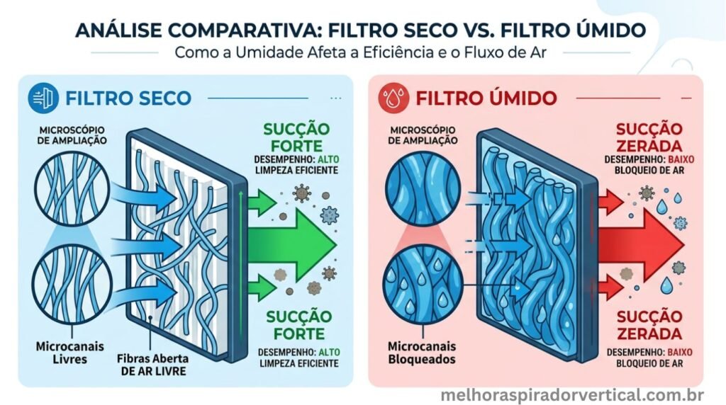 Infográfico técnico comparando filtro seco com fibras abertas e sucção forte versus filtro úmido com fibras inchadas bloqueando o fluxo de ar e eliminando a sucção