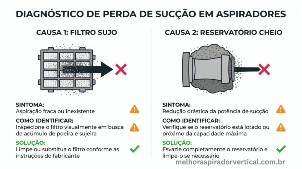 Infográfico diagnóstico mostrando filtro sujo e reservatório cheio como as duas causas mais comuns de perda de sucção em aspiradores com sintomas e soluções