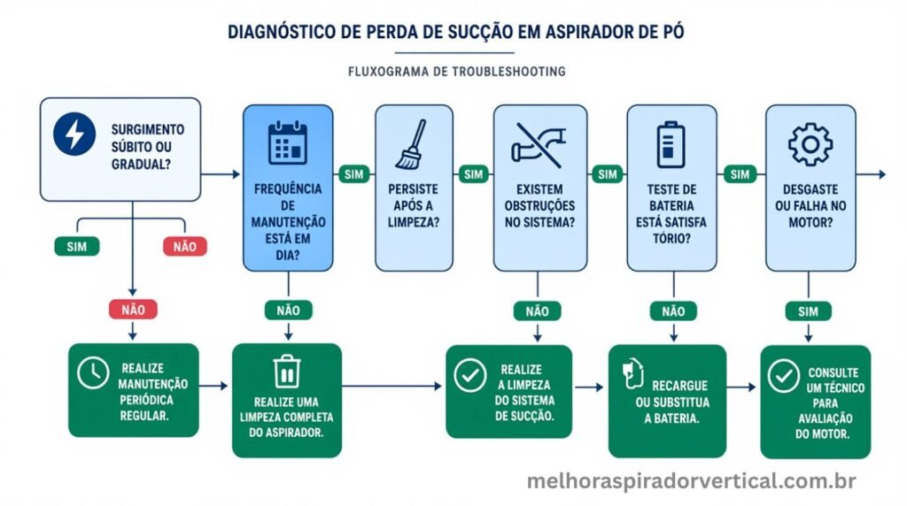 Infográfico fluxograma de diagnóstico de perda de sucção em aspirador de pó em seis passos com perguntas e caminhos levando a cada causa e solução