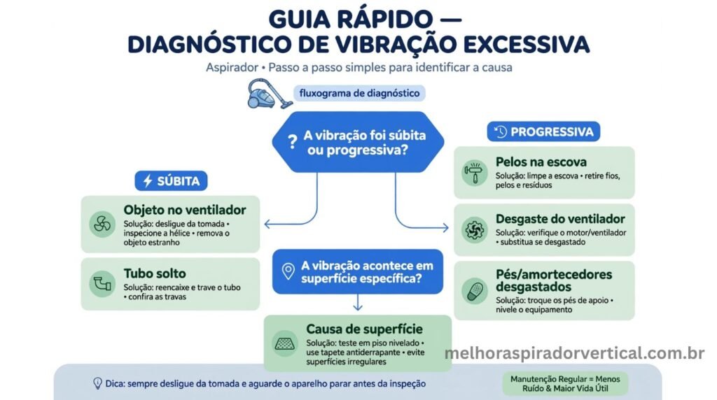 Infográfico fluxograma de diagnóstico de vibração excessiva em aspirador com caminhos para causas súbitas progressivas e de superfície
